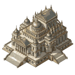 Magnificent classical palace with domes and grand staircase, rendered in a detailed isometric view. © sep