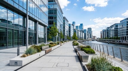 Obraz premium A wide, paved walkway leads towards a cluster of modern office buildings along a waterway.