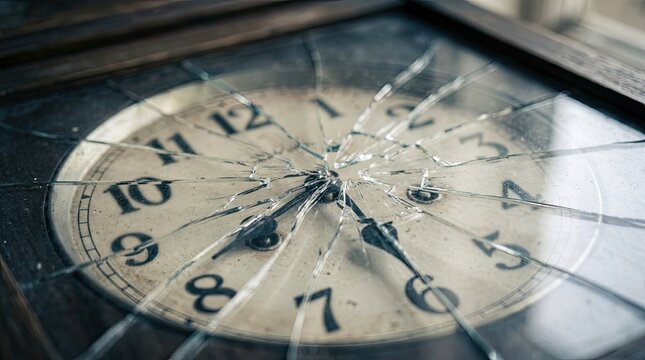 A vintage clock face with shattered glass reveals the time. The clock is partially obscured by a dark wooden frame.