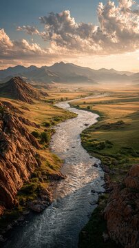 Epic aerial view of Aras River flowing through a rugged valley with glimmering water, mist rising, surrounded by green plains and distant mountains, under dramatic golden clouds and cinematic sunlight