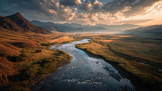 Epic aerial view of Aras River flowing through a rugged valley with glimmering water, mist rising, surrounded by green plains and distant mountains, under dramatic golden clouds and cinematic sunlight