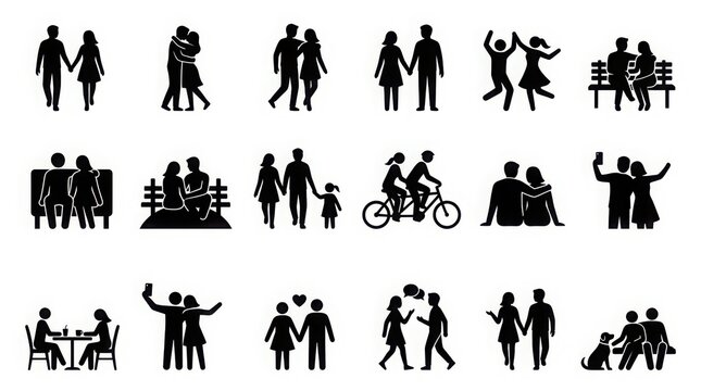 Collection of black silhouettes of people in various poses and activities, symbolizing relationships and social interaction, holding hands