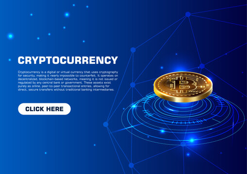 Modern cryptocurrency background for website banners and social media. Digital bitcoin technology, blockchain network concept, and crypto currency finance illustration for business media.