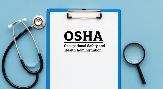 OSHA document and stethoscope on a blue background, representing workplace safety and health administration
