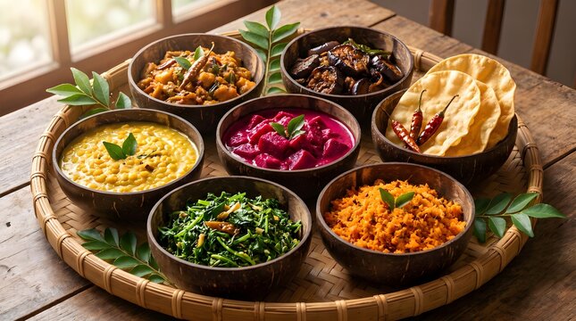 Traditional Sri Lankan Curry Feast in Rustic Coconut Bowls