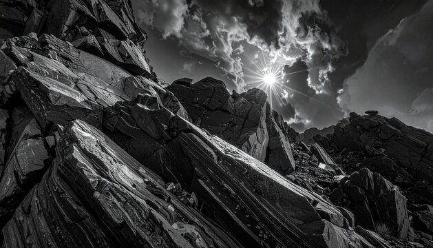 Dark charcoal rock texture or abstract jagged black stone background.