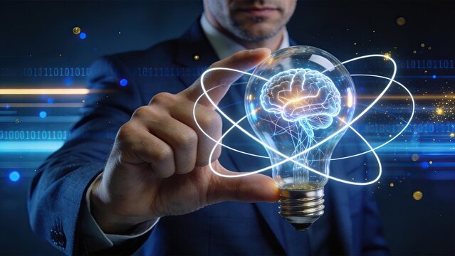 Businessman holding light bulb with glowing brain inside, artificial intelligence and innovation concept, binary code background, creative idea solution for future technology and