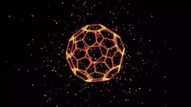 4k rotating glass atom array buckyball animation with alpha channel is looping particle. Rotating spinning energy ball Bucky Seamless loop, glowing particles and light dots on black background.