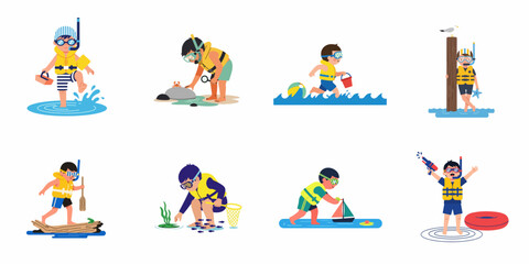 Fototapeta premium A set of illustrations featuring a young boy enjoying various summer water activities, including snorkeling, fishing, and playing with beach toys.