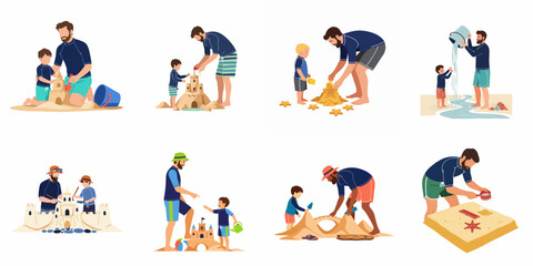 Fototapeta premium Vector illustration set of fathers and sons building sandcastles and playing on the beach during summer vacation, isolated on white background.