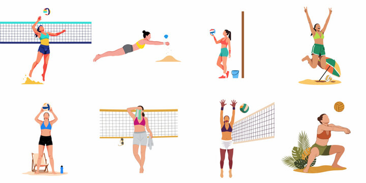 Set of flat vector illustrations depicting women playing beach volleyball with various actions including spiking, diving, and celebrating in the sand.