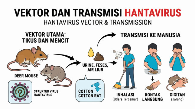 Educational infographic explaining Hantavirus transmission from rodents to humans through inhalation, contact, and bites. Features deer mouse, cotton rat, and viral structure diagrams.