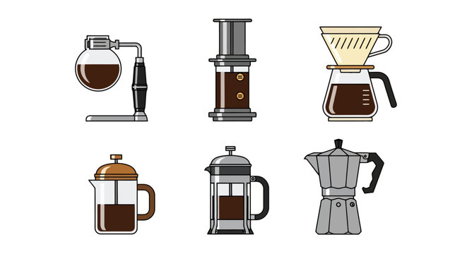 Collection of six distinct coffee brewing devices providing a variety of popular methods for preparing hot morning beverages in a clear arrangement demonstrating different equipment types for