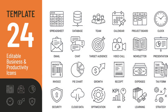 Set of 24 hand drawn business and management icons Vector, illustration