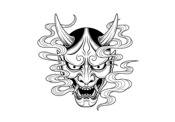 Obraz premium Detailed black and white line art of a traditional Japanese Hannya demon mask with swirling smoke.