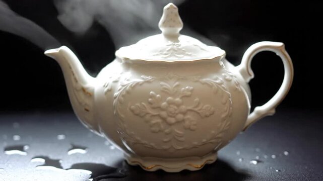A white teapot with steam rising from it