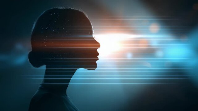 Silhouette of a woman&rsquo;s head with digital light effects and glowing particles, symbolizing artificial intelligence and futuristic technology. Modern innovation and human mind concept