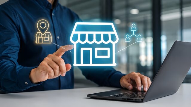 Businessman managing online e-commerce digital store icon