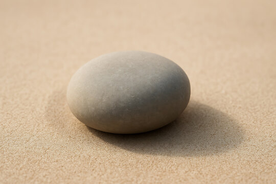 Smooth stone resting on sand with soft shadows in minimal serene composition