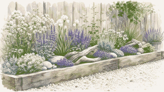 Flower Path Fence Flower Garden isolated watercolor vector illustration svg