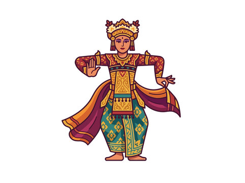Traditional Balinese Legong Dancer Illustration in Vibrant Cultural Attire.