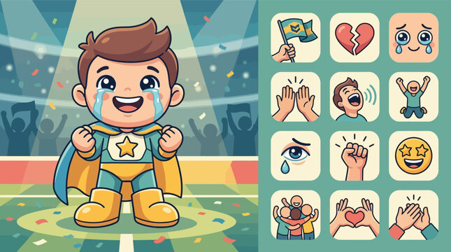 Cartoon chibi superhero boy crying happy tears in a sports stadium with confetti and spotlights, accompanied by a collection of emotion icons like broken heart and cheering.