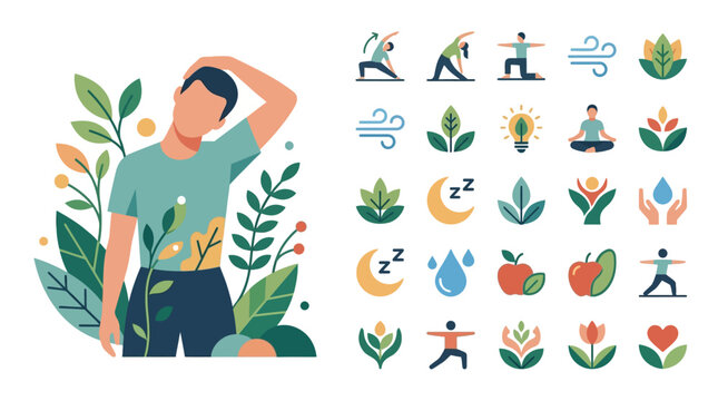 Flat vector illustration showing a man stretching his neck surrounded by green leaves, featuring a collection of icons for health, yoga, meditation, sleep, and nutrition.