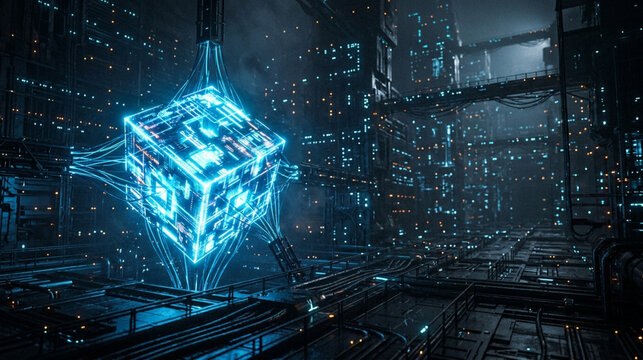 Futuristic Cyber Core Glowing Cube Floating in a SciFi Industrial Data Center Cityscape