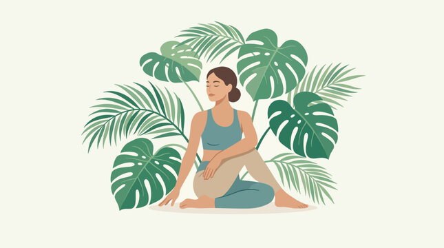 Flat vector illustration of a woman performing a seated spinal twist yoga pose, Ardha Matsyendrasana, surrounded by tropical monstera and palm leaves on a minimalist off-white background.