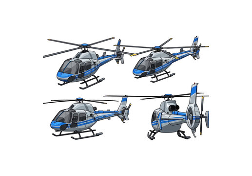 Set of four hovercrafts or helicopters from different angles in white and blue outlines on black