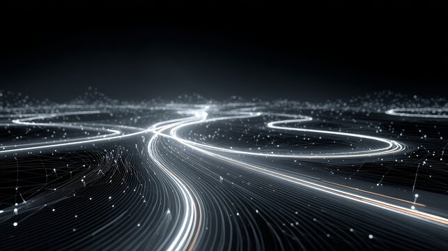 Ultra-minimal abstract line illustration on dark background showing evolving market structures, subtle decision flows, clean monoline pathways, bifurcating routes, and calm grid composition