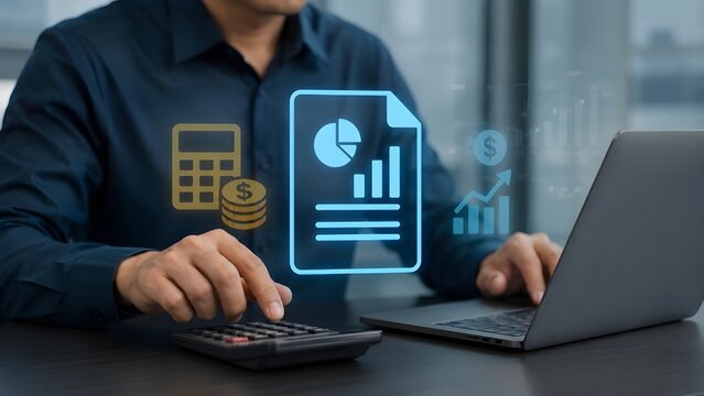 Businessman analyzing financial growth report with digital graph and calculation icons

