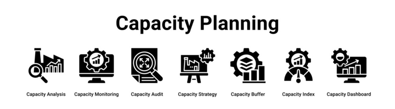 Capacity Planning web banner icon vector illustration concept for industry with icon of Capacity Analysis, Capacity Monitoring, Capacity Audit, Capacity Strategy, Capacity Buffer, Capacity Index,.
