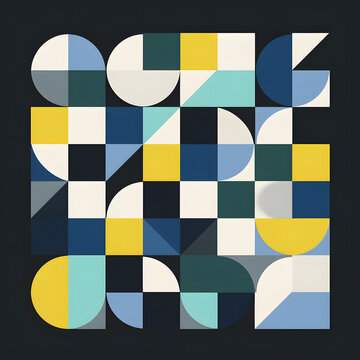 geometric abstract pattern with squares, circles and triangles in dark blue yellow and cream.