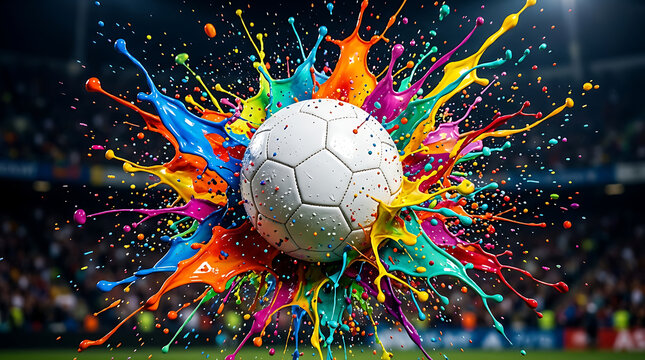 A white soccer ball in the center of a stadium with vibrant multicolored paint splashes exploding outwards, dynamic sports event concept