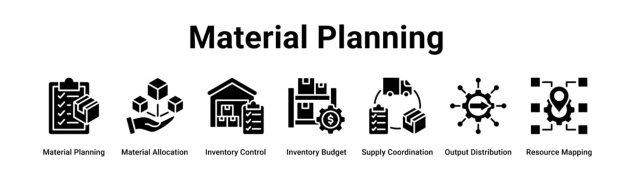 Material Planning web banner icon vector illustration concept for industry with icon of Material Planning, Material Allocation, Inventory Control, Inventory Budget, Supply Coordination, Output.