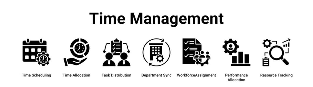 Time Management web banner icon vector illustration concept for industry with icon of Time Scheduling, Time Allocation, Task Distribution, Department Sync, Workforce Assignment, Performance.