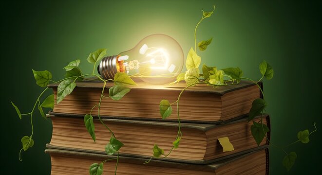 A glowing light bulb resting on a stack of old books with green vines and leaves growing around them against a green background.