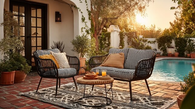 Black and white striped outdoor garden furniture set with two chairs, a table, and a sofa displayed near a pool, featuring modern design, stylish arrangement, and summer outdoor relaxation