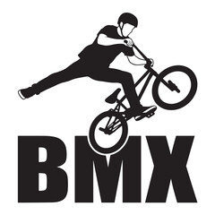 Fototapeta premium Vector art of a young man performing BMX tricks with large BMX lettering, featuring extreme cycling action and energetic sports event vibes.