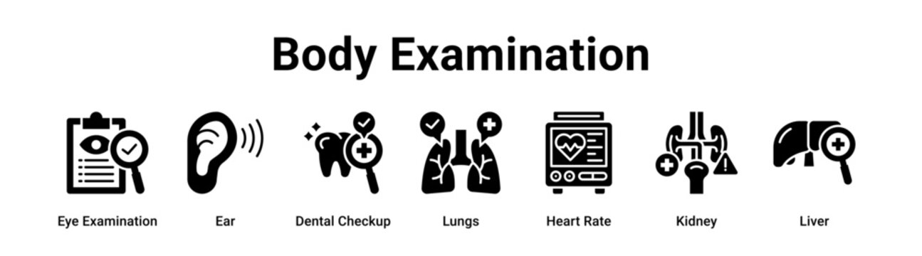 Body Examination web banner icon vector illustration concept for healthcare with icon of Eye Examination, Ear, Dental Checkup, Lungs, Heart Rate.
