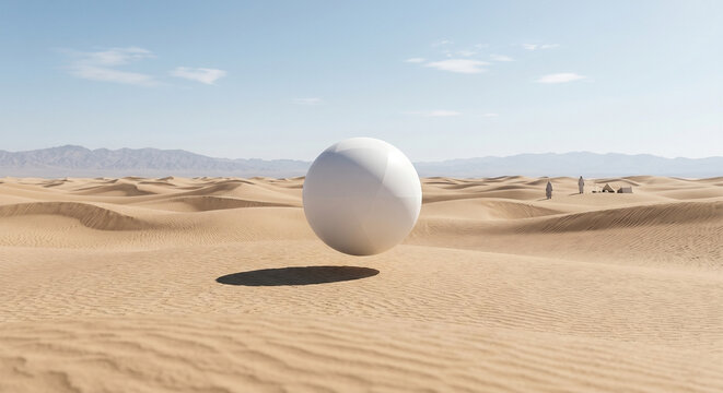 A clean, geometric white sphere UFO hovering low over a vast, sun-drenched sand desert under a clear blue sky. 
