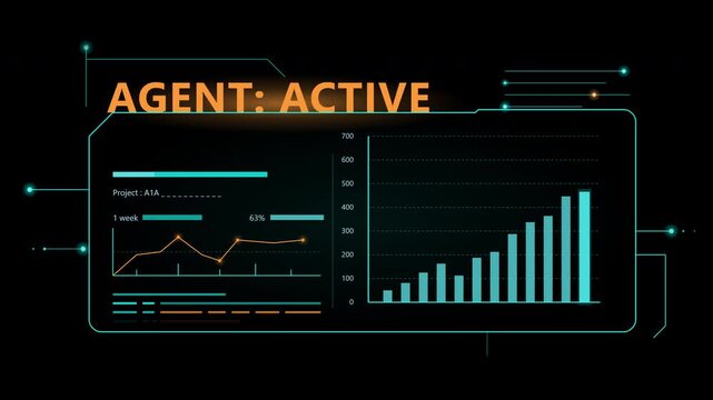 Motion graphics of a futuristic HUD interface of an AI Agent with growing bar charts and data analysis on a deep black background