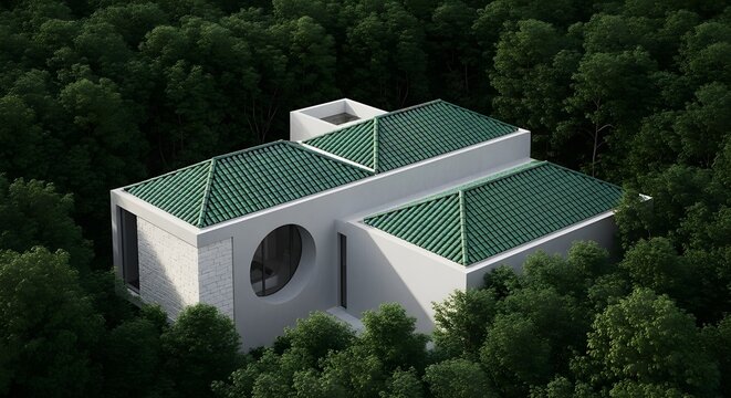 Modern Rectangular House With Green Roof Nestled Amongst Lush Forest Trees