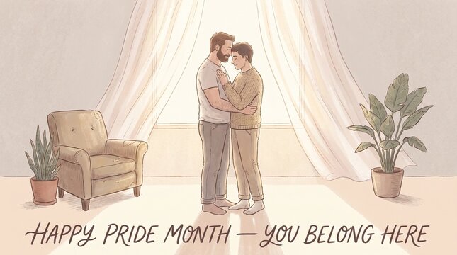 Embracing heartfelt lgbtq love and belonging during Pride month celebration two men share an intimate moment in a warm, welcoming home