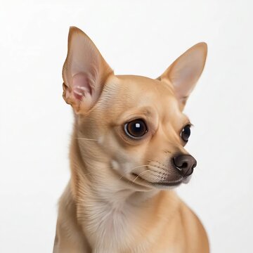 A close-up of a small, tan Chihuahua with large, expressive eyes and erect ears, against a plain white background