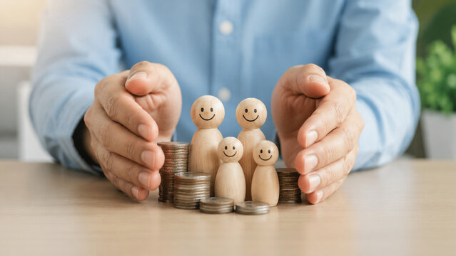 Financial protection and insurance concept with wooden family figures and coins protected by hands