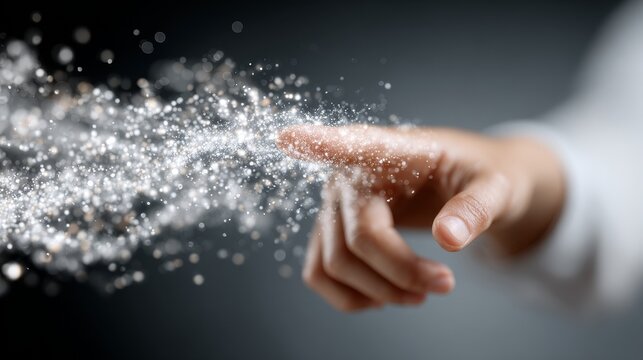 Business professional hand interacting with virtual interface in dark minimal environment, soft spotlight highlighting gesture, high-resolution realistic futuristic technology concept