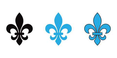 Fleur de lis vector icon set featuring traditional French lily heraldic symbols in black solid silhouette style for luxury  branding and logo design. © maxalamin09