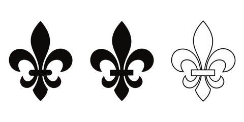 Fleur de lis vector icon set featuring traditional French lily heraldic symbols in black solid silhouette style for luxury  branding and logo design. © maxalamin09